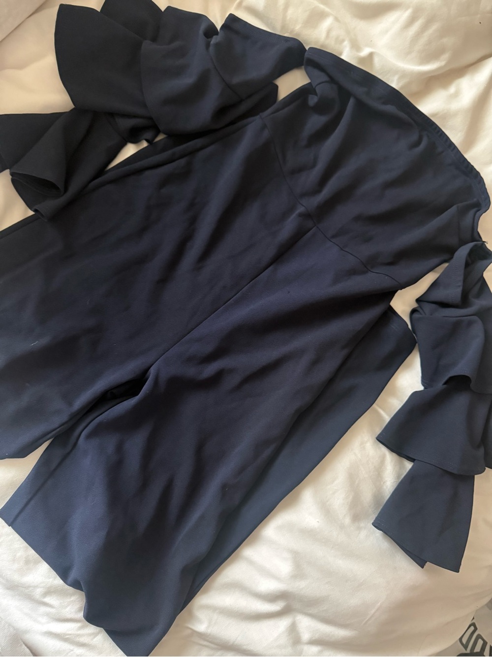 Lulu's Navy Off-Shoulder Ruffle-Sleeve Wide Leg Jumpsuit